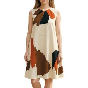 ANNE KLEIN A-Line Dress sz 6 Cream Brown Orange Geometric Cotton Sleeveless HTF!